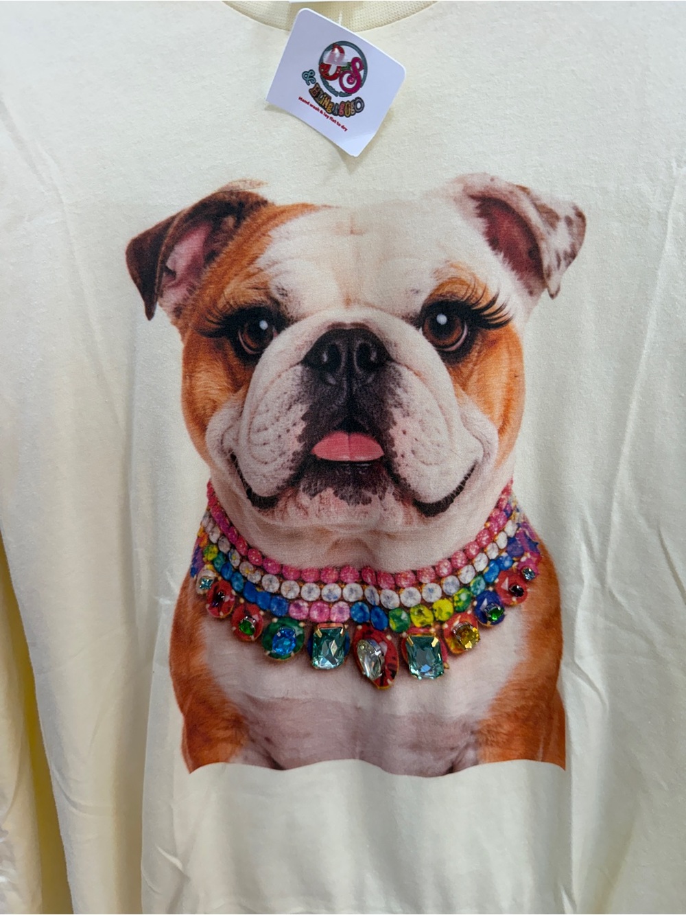 Gildan Cream Dog Tee with Colorful Jewel Necklace Print